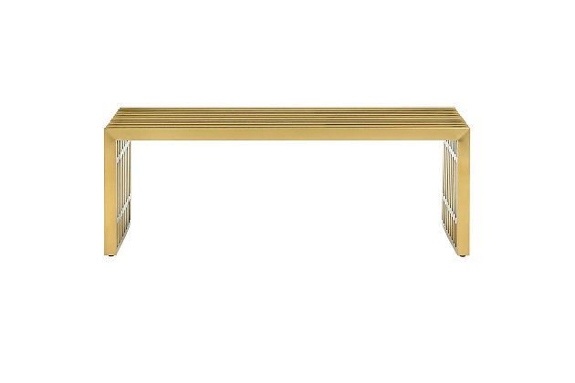 The design of the Gridiron bench artfully blends stainless steel tubing with a goldtone finish. Modernism used to be about extremes. Wild shapes and patterns that don't dare resemble its predecessors. The Gridiron bench is famous not for its radical shape, but for the strategic transcendence that it provides.Brushed stainless steel | Goldtone finish | Easy to clean | Assembly required