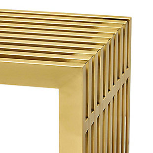 The design of the Gridiron bench artfully blends stainless steel tubing with a goldtone finish. Modernism used to be about extremes. Wild shapes and patterns that don't dare resemble its predecessors. The Gridiron bench is famous not for its radical shape, but for the strategic transcendence that it provides.Brushed stainless steel | Goldtone finish | Easy to clean | Assembly required