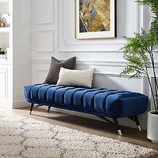 Embolden your living room decor with Adept bench. Featuring a blend of chic, contemporary and mid-century modern design, Adept's broad profile, generous tufting, stain-resistant performance velvet polyester upholstery and subtle metal accents imbue rich detail and chic sophistication. Kick back and enjoy the plush comfort of the Adept bench while reading your favorite book or lounging with friends and family.Performance velvet polyester upholstery | Dense foam padding | Splayed black birchwood frame | Goldtone metal foot end caps | Assembly required