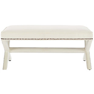 Add charm to your home or apartment decor with the Rivet bench. Featuring timeless nailhead trim, an elegant X-base frame and surrounded by stain-resistant performance velvet fabric with dense foam padding, Rivet is a perfectly soft and cozy bench for your chic, modern lifestyle.Performance velvet polyester upholstery | Dense foam padding | Nailhead trim | Assembly required