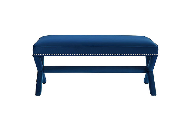 Add charm to your home or apartment decor with the Rivet bench. Featuring timeless nailhead trim, an elegant X-base frame and surrounded by stain-resistant performance velvet fabric with dense foam padding, Rivet is a perfectly soft and cozy bench for your chic, modern lifestyle.Performance velvet polyester upholstery | Dense foam padding | Nailhead trim | Assembly required