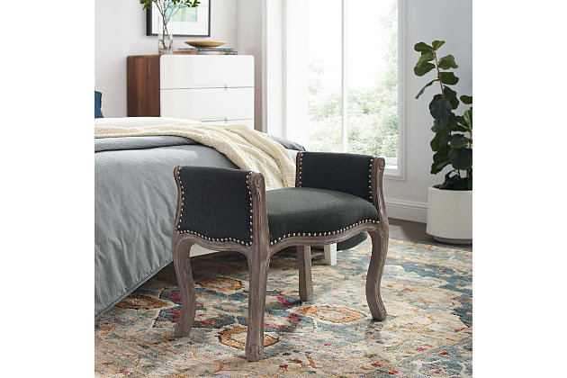 Blending vintage rustic charm with the elegance of French design, the Avail bench is a beautiful addition to your home. Perfect in the bedroom, living room or entryway, this upholstered bench boasts timeless details that make a chic statement. Featuring nailhead trim, weathered wood cabriole legs and sophisticated rolled armrests, this modern yet classic accent bench is upholstered in a soft and durable polyester fabric.Durable polyester fabric upholstery | Dense foam padding | Weathered rubberwood legs | Classic button-tufting