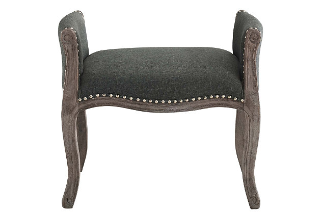 Blending vintage rustic charm with the elegance of French design, the Avail bench is a beautiful addition to your home. Perfect in the bedroom, living room or entryway, this upholstered bench boasts timeless details that make a chic statement. Featuring nailhead trim, weathered wood cabriole legs and sophisticated rolled armrests, this modern yet classic accent bench is upholstered in a soft and durable polyester fabric.Durable polyester fabric upholstery | Dense foam padding | Weathered rubberwood legs | Classic button-tufting