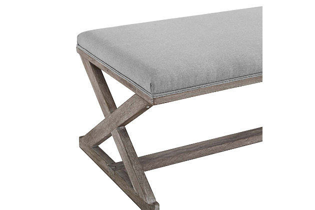 Introduce the simple elegance and rustic charm of vintage French-inspired style with the Province bench. Adding functional seating to your entryway or living room, this modern farmhouse accent bench features subtle piped trim, clean lines and a weathered wood frame with X-brace details and horizontal stretcher.Polyester fabric upholstery | Weathered rubberwood frame | X-brace legs and stretcher support | Assembly required
