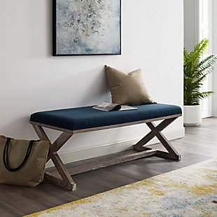 Introduce the simple elegance and rustic charm of vintage French-inspired style with the Province bench. Adding functional seating to your entryway or living room, this modern farmhouse accent bench features subtle piped trim, clean lines and a weathered wood frame with X-brace details and horizontal stretcher.Polyester fabric upholstery | Weathered rubberwood frame | X-brace legs and stretcher support | Assembly required