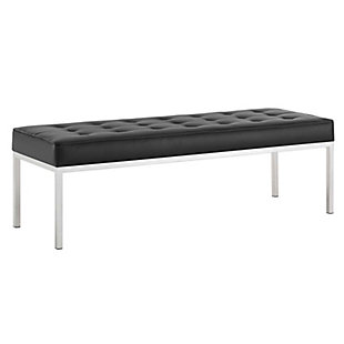 Revolutionize your living room furniture with the iconic Loft bench. Adding visual depth to your living room or lounge space, Loft features soft and durable faux leather upholstery accented in elegant button tufting. This modern living room accent bench comes in a captivating linear design with an external tubular stainless steel frame.Faux leather upholstery | Dense foam padded cushion | Silvertone stainless steel legs | Linear biscuit button tufting | Non-marking foot caps | Assembly required