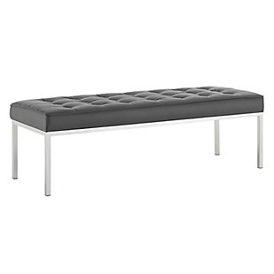 Revolutionize your living room furniture with the iconic Loft bench. Adding visual depth to your living room or lounge space, Loft features soft and durable faux leather upholstery accented in elegant button tufting. This modern living room accent bench comes in a captivating linear design with an external tubular stainless steel frame.Faux leather upholstery | Dense foam padded cushion | Silvertone stainless steel legs | Linear biscuit button tufting | Non-mar foot caps | Assembly required