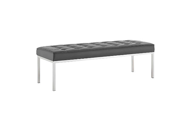 Revolutionize your living room furniture with the iconic Loft bench. Adding visual depth to your living room or lounge space, Loft features soft and durable faux leather upholstery accented in elegant button tufting. This modern living room accent bench comes in a captivating linear design with an external tubular stainless steel frame.Faux leather upholstery | Dense foam padded cushion | Silvertone stainless steel legs | Linear biscuit button tufting | Non-marking foot caps | Assembly required