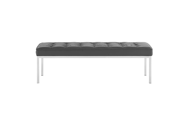 Revolutionize your living room furniture with the iconic Loft bench. Adding visual depth to your living room or lounge space, Loft features soft and durable faux leather upholstery accented in elegant button tufting. This modern living room accent bench comes in a captivating linear design with an external tubular stainless steel frame.Faux leather upholstery | Dense foam padded cushion | Silvertone stainless steel legs | Linear biscuit button tufting | Non-mar foot caps | Assembly required