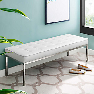 Modway Loft Faux Leather Bench, Silver/White, rollover