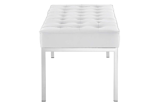 Revolutionize your living room furniture with the iconic Loft Tufted Button Faux Leather Accent Entryway Bench. Adding visual depth to your living room or lounge space, Loft features soft and durable faux leather upholstery accented in elegant button tufting. This modern living room accent bench comes in a captivating linear design with an external tubular stainless steel frame, four stainless steel silver legs, and non-marking foot caps. Inspired by the richness of mid-century modern style, Loft is the preferred choice of living rooms and lounge spaces. Bench Weight Capacity: 300 lbs.Mid-Century Accent Bench | Smooth Faux Leather Upholstery | Linear Biscuit Button Tufting | Silver Stainless Steel Legs | Dense Foam Padded Cushion | Non-Marking Foot Caps | Bench Weight Capacity: 300 lbs.