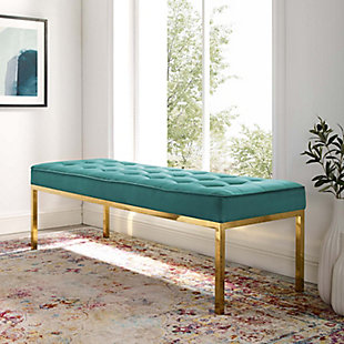 Revolutionize your living room furniture with the iconic Loft bench. Adding visual depth to your living room or lounge space, Loft features soft performance velvet upholstery accented in elegant button tufting. This modern living room accent bench comes in a captivating linear design with an external tubular stainless steel frame.Stain-resistant performance velvet | Dense foam padded cushion | Goldtone stainless steel legs | Linear biscuit button tufting | Non-marking foot caps | Assembly required