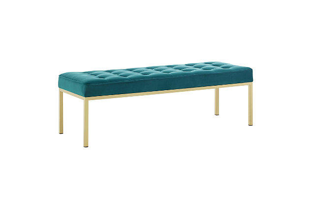 Revolutionize your living room furniture with the iconic Loft bench. Adding visual depth to your living room or lounge space, Loft features soft performance velvet upholstery accented in elegant button tufting. This modern living room accent bench comes in a captivating linear design with an external tubular stainless steel frame.Stain-resistant performance velvet | Dense foam padded cushion | Goldtone stainless steel legs | Linear biscuit button tufting | Non-marking foot caps | Assembly required