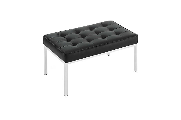 Revolutionize your living room furniture with the iconic Loft bench. Adding visual depth to your living room or lounge space, Loft features soft and durable faux leather upholstery accented in elegant button tufting. This modern living room accent bench comes in a captivating linear design with an external tubular stainless steel frame.Faux leather upholstery | Dense foam padded cushion | Silvertone stainless steel legs | Linear biscuit button tufting | Non-marking foot caps