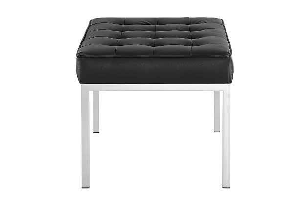 Revolutionize your living room furniture with the iconic Loft bench. Adding visual depth to your living room or lounge space, Loft features soft and durable faux leather upholstery accented in elegant button tufting. This modern living room accent bench comes in a captivating linear design with an external tubular stainless steel frame.Faux leather upholstery | Dense foam padded cushion | Silvertone stainless steel legs | Linear biscuit button tufting | Non-marking foot caps