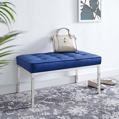 Modway Loft Faux Leather Bench, Silver/Navy, large
