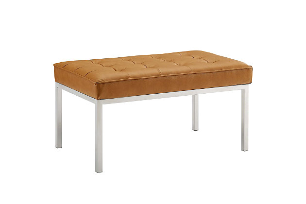 Revolutionize your living room furniture with the iconic Loft Tufted Button Faux Leather Medium Accent Entryway Bench. Adding visual depth to your living room or lounge space, Loft features soft and durable faux leather upholstery accented in elegant button tufting. This modern living room accent bench comes in a captivating linear design with an external tubular stainless steel frame, four stainless steel silver legs, and non-marking foot caps. Inspired by the richness of mid-century modern style, Loft is the preferred choice of living rooms and lounge spaces. Bench Weight Capacity: 300 lbs.Mid-Century Accent Bench | Smooth Faux Leather Upholstery | Linear Biscuit Button Tufting | Silver Stainless Steel Legs | Dense Foam Padded Cushion | Non-Marking Foot Caps | Bench Weight Capacity: 300 lbs.
