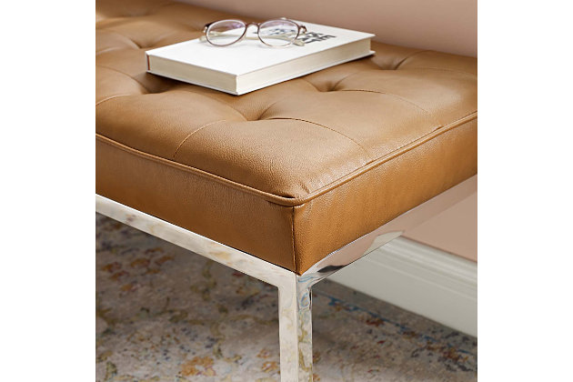 Revolutionize your living room furniture with the iconic Loft Tufted Button Faux Leather Medium Accent Entryway Bench. Adding visual depth to your living room or lounge space, Loft features soft and durable faux leather upholstery accented in elegant button tufting. This modern living room accent bench comes in a captivating linear design with an external tubular stainless steel frame, four stainless steel silver legs, and non-marking foot caps. Inspired by the richness of mid-century modern style, Loft is the preferred choice of living rooms and lounge spaces. Bench Weight Capacity: 300 lbs.Mid-Century Accent Bench | Smooth Faux Leather Upholstery | Linear Biscuit Button Tufting | Silver Stainless Steel Legs | Dense Foam Padded Cushion | Non-Marking Foot Caps | Bench Weight Capacity: 300 lbs.