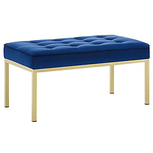 Revolutionize your living room furniture with the iconic Loft bench. Adding visual depth to your living room or lounge space, Loft features soft performance velvet upholstery accented in elegant button tufting. This modern living room accent bench comes in a captivating linear design with an external tubular stainless steel frame.Stain-resistant performance velvet | Dense foam padded cushion | Goldtone stainless steel legs | Linear biscuit button tufting | Non-marking foot caps