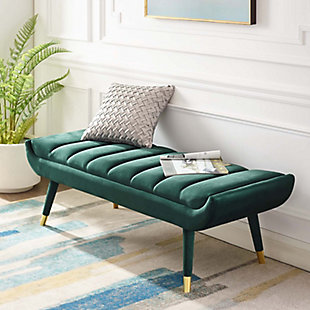 The Guess bench renews your living room with subtle flair. Channel tufting adds visual depth while Guess's gently curving ends add uplifting stability with vintage-inspired artisan accents. Guess is a transformative accent bench that will update your foyer, entryway or lounge area with sophistication and chic style. Soft, stain-resistant performance velvet upholstery covers the dense foam padding for added seating luxury.Performance velvet polyester upholstery | Durable stain-resistant fabric | Dense foam padding | Splayed birch wood legs | Goldtone metal leg sleeves | Assembly required