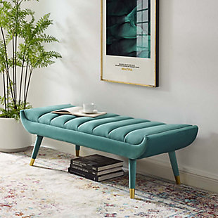 The Guess bench renews your living room with subtle flair. Channel tufting adds visual depth while Guess's gently curving ends add uplifting stability with vintage-inspired artisan accents. Guess is a transformative accent bench that will update your foyer, entryway or lounge area with sophistication and chic style. Soft, stain-resistant performance velvet upholstery covers the dense foam padding for added seating luxury.Performance velvet polyester upholstery | Durable stain-resistant fabric | Dense foam padding | Splayed birch wood legs | Goldtone metal leg sleeves | Assembly required