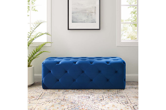 Enliven your decor with Amour. This tufted button entryway bench comes upholstered in soft and durable stain-resistant performance velvet fabric and dense foam padding for a luxurious seating experience. It instantly updates your entryway or living room with its chic style.Performance velvet polyester upholstery | Durable stain-resistant fabric | Dense foam padding | Button tufting | Assembly required