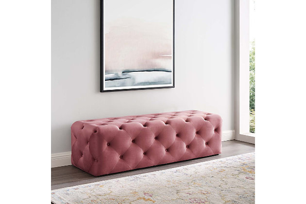 Enliven your decor with Amour. This tufted button entryway bench comes upholstered in soft and durable stain-resistant performance velvet fabric and dense foam padding for a luxurious seating experience. It instantly updates your entryway or living room with its chic style.Performance velvet polyester upholstery | Durable stain-resistant fabric | Dense foam padding | Button tufting