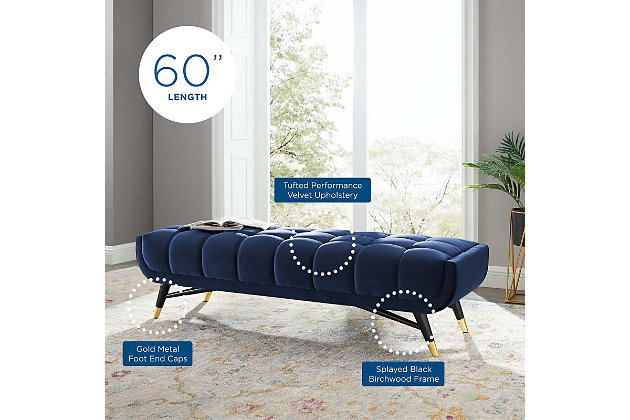 Embolden your living room decor with Adept bench. Featuring a blend of contemporary and mid-century modern design, Adept's broad profile, generous tufting, stain-resistant performance velvet polyester upholstery and subtle metal accents imbue rich detail and chic sophistication. Kick back and enjoy the plush comfort of the Adept bench while reading your favorite book or lounging with friends and family.Polyester performance velvet upholstery | Dense foam padding for comfort | Splayed black birchwood frame | Goldtone metal foot end caps | Assembly required