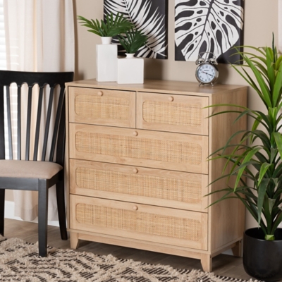 Baxton Studio Elsbeth Natural Rattan 5 Drawer Storage Cabinet, , rollover