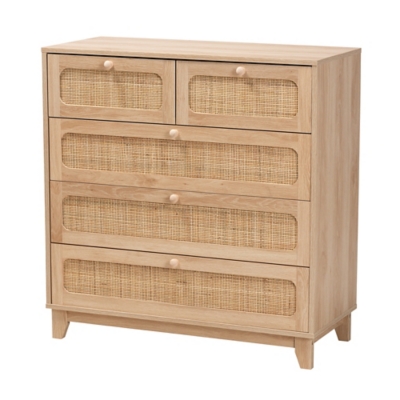 Baxton Studio Elsbeth Natural Rattan 5 Drawer Storage Cabinet, , large