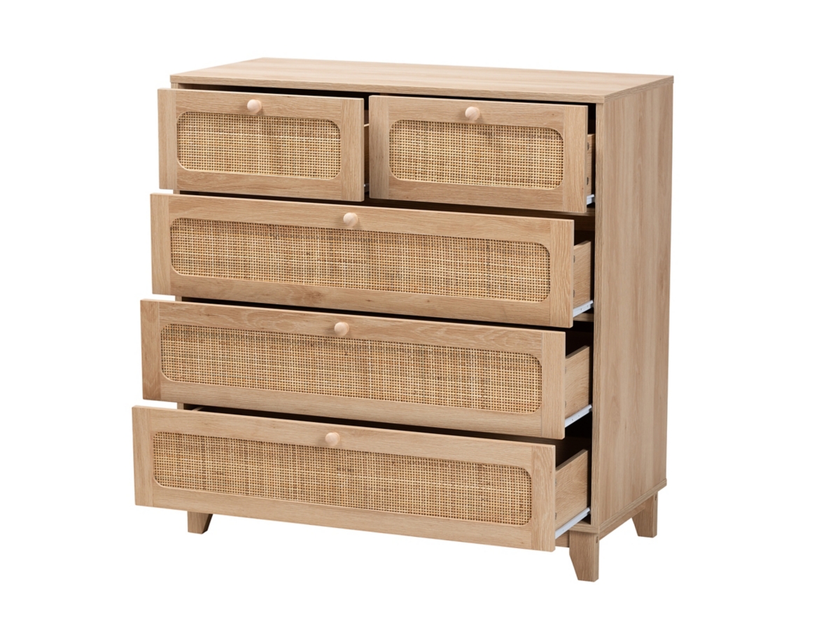 Baxton Studio Elsbeth Natural Rattan 5 Drawer Storage Cabinet