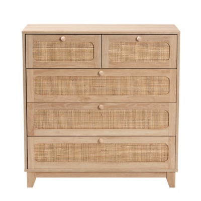 Baxton Studio Elsbeth Natural Rattan 5 Drawer Storage Cabinet, , large