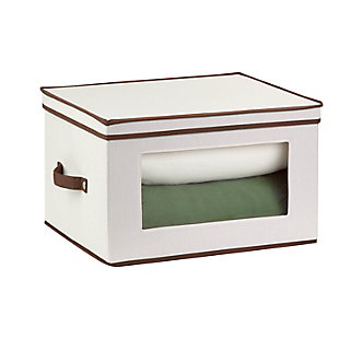 Honey-Can-Do Honey-Can-Do SFT-02068 Stemware Storage Chest, Natural/Brown. Store up to 12 goblet-style stemware glasses in this 17x13.5 inch storage box. The clear view window lets you easily see the contents while the lift off lid simplifies access. Protective inserts help safeguard against chips or scratches. Remove the glassware inserts and this storage box turns into a great closet organization tool. Store sweaters, linens, blankets, or seasonal clothing. In classic off-white with brown accents, this stackable storage box will instantly upgrade any pantry or closet. Made of polyester and cotton canvas., , rollover