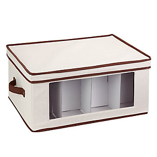 Honey-Can-Do Honey-Can-Do SFT-02068 Stemware Storage Chest, Natural/Brown. Store up to 12 goblet-style stemware glasses in this 17x13.5 inch storage box. The clear view window lets you easily see the contents while the lift off lid simplifies access. Protective inserts help safeguard against chips or scratches. Remove the glassware inserts and this storage box turns into a great closet organization tool. Store sweaters, linens, blankets, or seasonal clothing. In classic off-white with brown accents, this stackable storage box will instantly upgrade any pantry or closet. Made of polyester and cotton canvas., , large