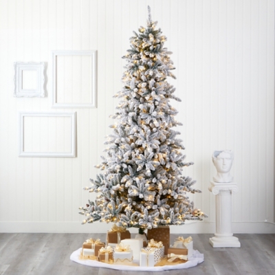 Nearly Natural 9 Flocked Livingston Fir Artificial Christmas Tree with Pine Cones and 650 Clear Warm LED Lights, White