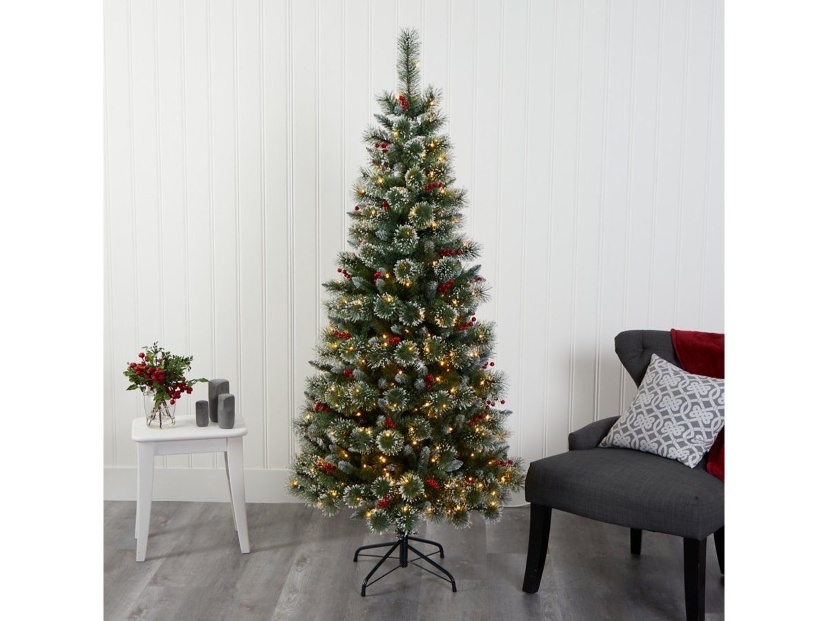 Nearly Natural 6' Frosted Swiss Pine Artificial Christmas Tree with 300  Clear LED Lights and Berries | Ashley, image size:1200x900