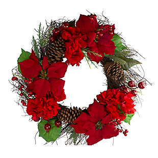 Northlight Red Poinsettia and Hydrangea Flowers with Berries Artificial Christmas Wreath - 24-Inch Unlit, , large