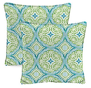 Add a touch of color to your outdoor seating area with this set of 2 Outdoor Throw Pillows from Jordan Manufacturing. Crafted from a quick-drying, UV- and water-resistant fabric, these outdoor pillows withstand sun exposure and the elements to last for the seasons to come. Stuffed with hypoallergenic polyester fiber fill for an extra cushy and soft experience while relaxing. From elaborate dining spaces to cozy three-season porches, these fiber-filled throw pillows boosts your space with carefree, laid-back style and total comfort.Fade-Resistant | Stain-Resistant | UV-Resistant | Water-Resistant | Weather-Resistant | 30-Day Limited Manufacturer's Warranty | Recommend periodic spot cleaning with a mild soap/warm water solution and non abrasive cloth. Allow to completely air dry before resuming use. Store in cool dry area when not in use. | Polyester 100% | Made in the USA