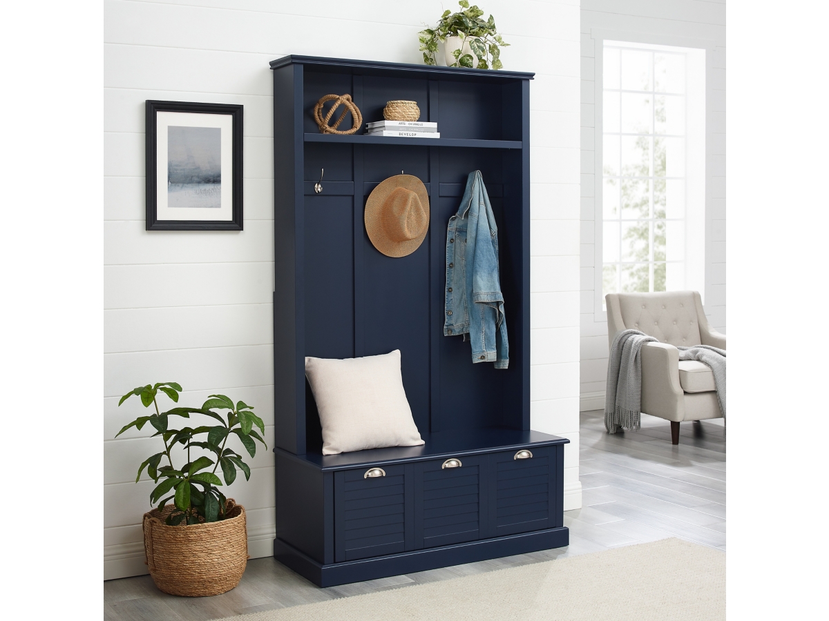 Black Finish Wooden Hall Tree Coat Rack Hat Hooks Storage Stand Entryway Bench