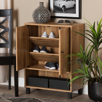Baxton Studio Rossin 2-Door Shoe Cabinet with Bottom Shelf, Warm Oak