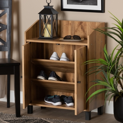 Baxton Studio Rossin 2-Door Shoe Cabinet with Top Shelf, Warm Oak