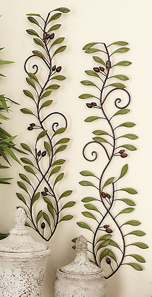Bayberry Lane Set of 2 Green Metal Traditional Floral Wall Decor, 32" x 7", , rollover