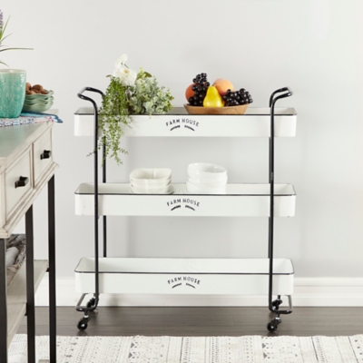 Bayberry Lane White Metal Rolling 3 Shelves Kitchen Storage Cart with Farm Fresh Design 32" x 12" x 35", , large