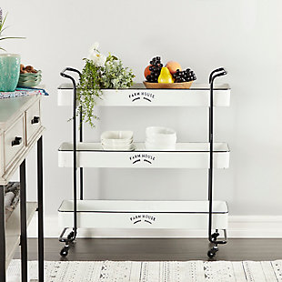 Bayberry Lane White Metal Rolling 3 Shelves Kitchen Storage Cart with Farm Fresh Design 32" x 12" x 35", , rollover