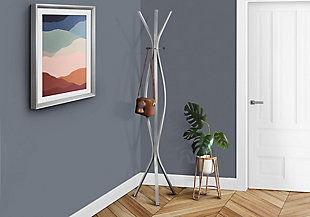 Monarch Specialties Contemporary Free Standing 3 Hooks Coat Rack, Silver, rollover