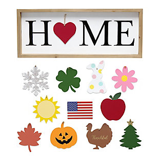 Elegant Designs Rustic Farmhouse Wooden Seasonal Interchangeable Symbol "Home" Frame with 12 Ornaments, Natural, , large
