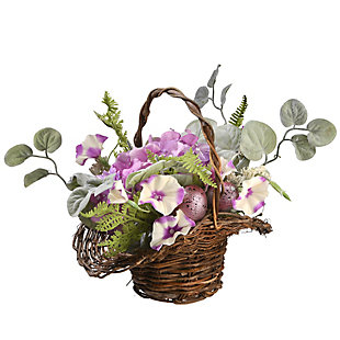 National Tree Company 16" Spring Basket Decorated w/Hydrangeas, Petunias and Eggs, , large