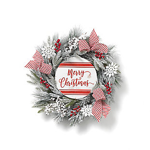 GIL 24 in D White Holiday Pine and Ornament Wreath with Berries and Sign, , large