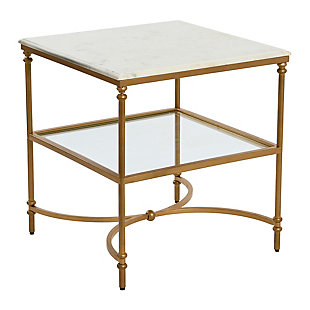 Storied Home Libertine Genuine Marble and Metal End Table with Glass Storage Shelf, Gold Finish, Gold, rollover