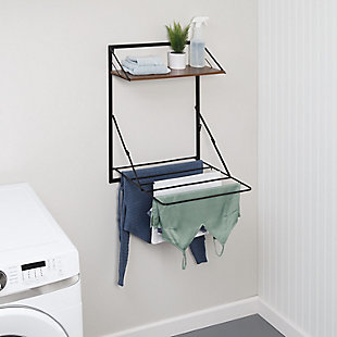 Honey-Can-Do Collapsible Wall-Mounted Clothes Drying Rack with Shelf, Black/Walnut, , rollover